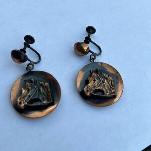 Artisan Copper Horse Dangle Clip on Earrings